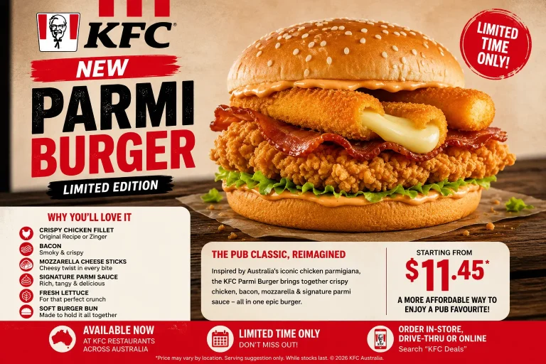 KFC Parmi Burger with crispy chicken, mozzarella sticks, bacon and parmi sauce in Australia